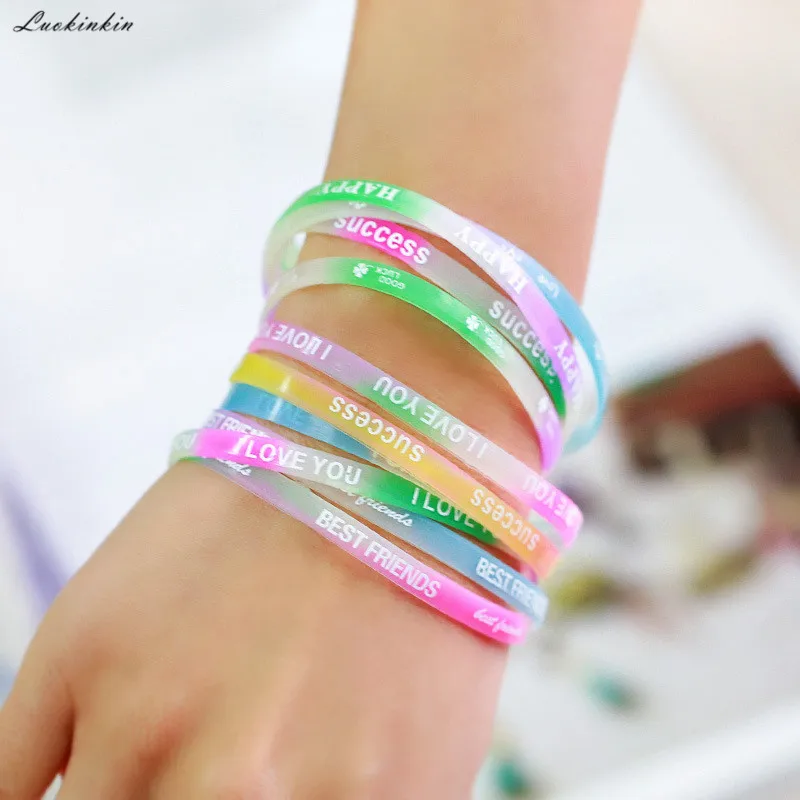 

Light Color Happy Printed Letters Luminous Silicone Sports Bracelets Bangles Women Fluorescent Rubber Fitness Wristband Bracelet