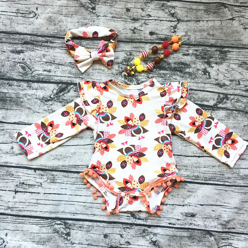 

2017 wholesale Baby Girl thanksgiving turkey rompers long sleeve thanksgiving outfits with headband sets thanks giving rompers