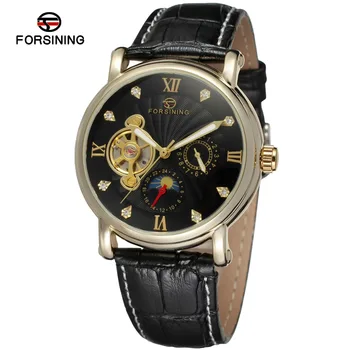 

NEW ARRIVE! FORSINING FSG800M3G4 moon phase popular design for men gold color case black dial with stones genuine leather