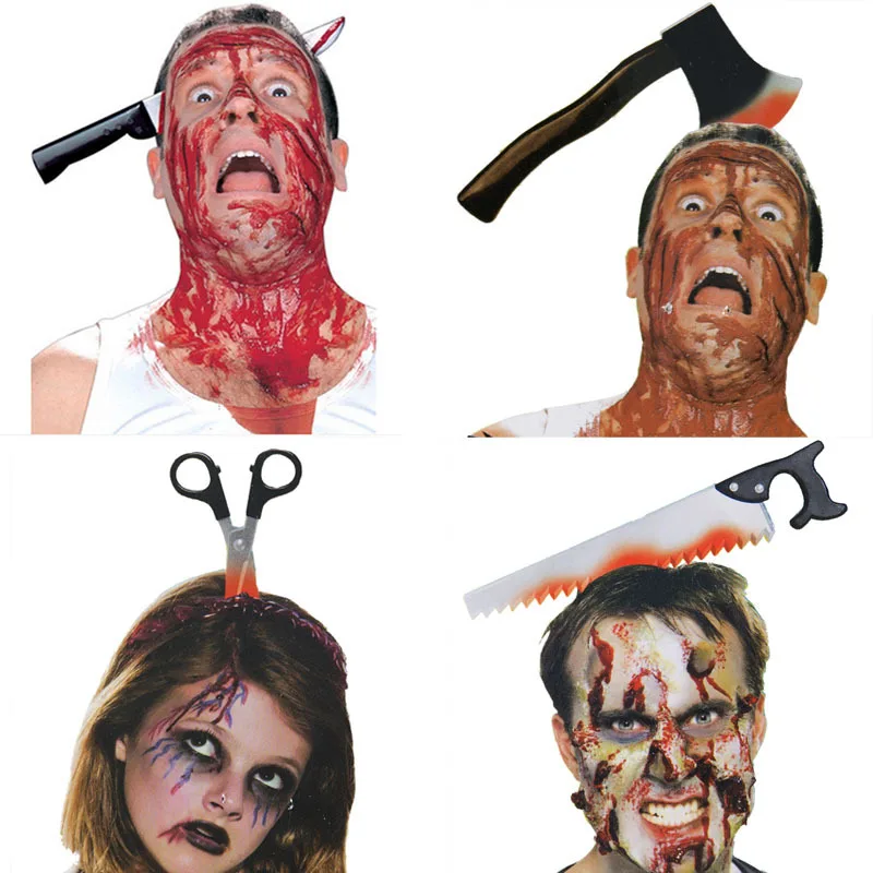 

Plastic Halloween Horror Tricky Props Simulation Wearing the head Axe saw nail knife Tricky Spoof Toy Atmosphere Decoration