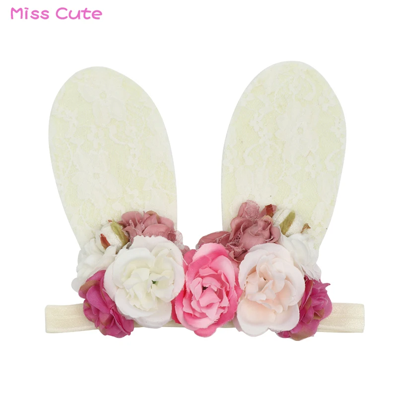 Baby Bunny Ears Headband For Girls Flower Crown Photo Prop Easter Hairband Lace Rabbit Elastic Head Band | Мать и ребенок