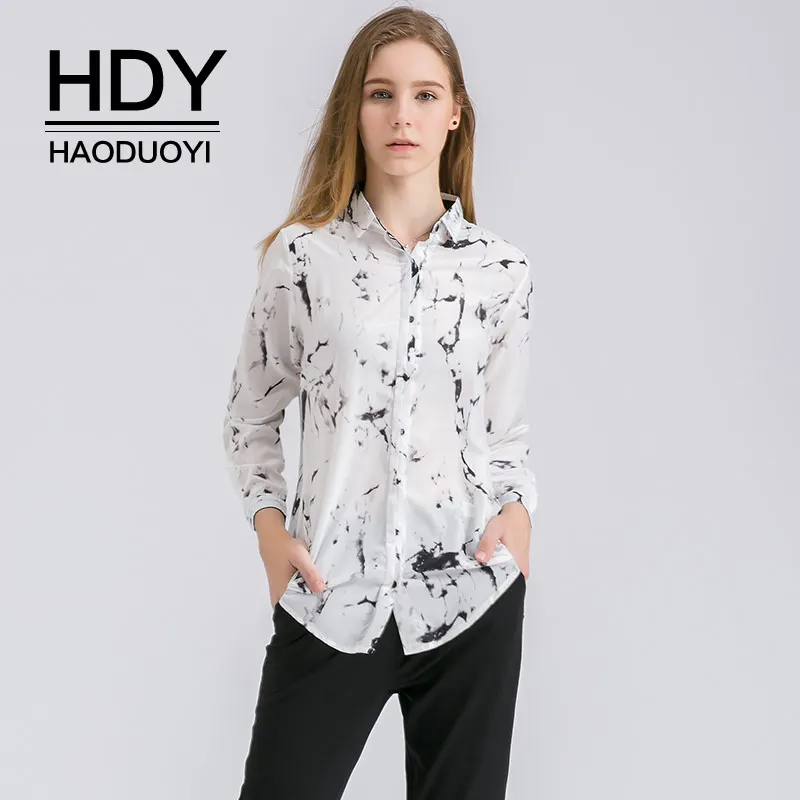 HDY Haoduoyi Для женщин белая рубашка Чернила печать блузка с длинными рукавами Винтаж