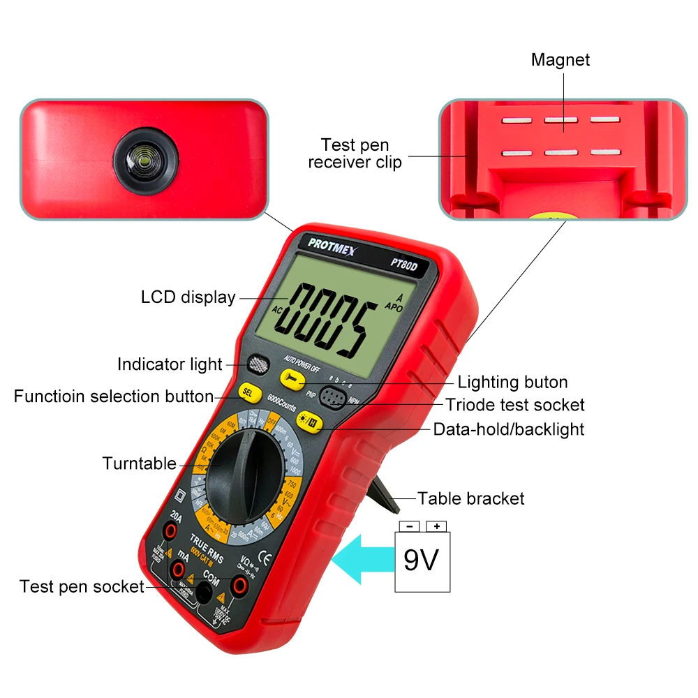 Protmex PT80C/80D 6000 отсчетов Цифровой мультиметр DC/AC напряжение, ток, сопротивление, Емкость Тестер