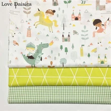 Хлопок мультфильм рыцарский замок Dinodaur Единорог ромб зеленый проверить саржа для детей постельные принадлежности лист одежда домашний декор