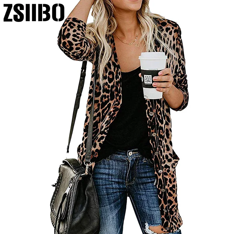 

Women Leopard Printed Cardigans Blouse Shirt 2019 Autumn Long Sleeve Top Lightweight Button Down Cardigans Pockets kimono