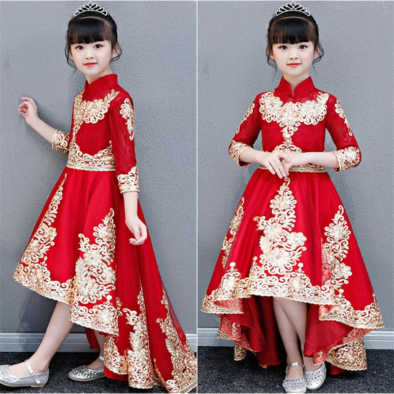 Новое Детское традиционное Красное Кружевное платье принцессы с вышивкой для девочек на день рождения, год, детское платье на день рождения