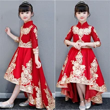 Новое Детское традиционное Красное Кружевное платье принцессы с вышивкой для девочек на день рождения, год, детское платье на день рождения