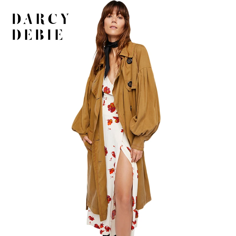 Darcydebie Brand Women Khaki Trench Coats Lantern sleeve Belt Waist Buttons Female Elegant