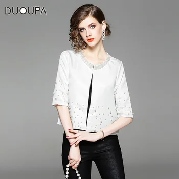 DUOUPA White Office Lady Solid Pearl Embellished Round Neck Jacket Autumn Workwear Casual Women Coat And Outerwear pearl embellished frill trim floral top