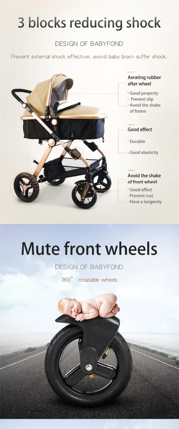 Babyfond черная 3 в 1 коляска 2019 реверсивная Ручка сиденья роскошные кожаные детские коляски от 0 до 3 лет высокий пейзаж