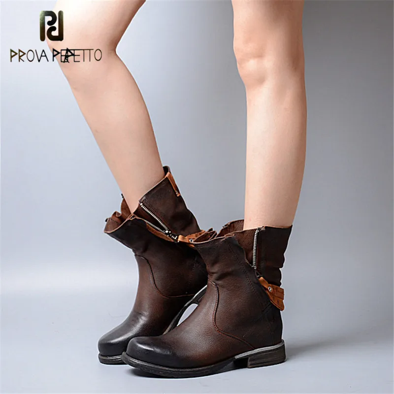 

Prova Perfetto 2018 Winter Thick Heel Woman Martin Boots Genuine Leather British Style with Zipper Motorcycle Boots for Woman
