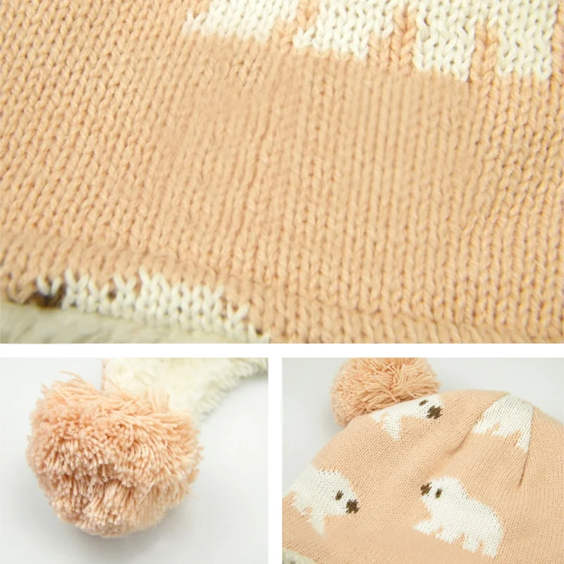 Bear Velvet Baby Hat Winter Warm Cartoon Beanie For Baby Boys Knitting Ear Protect Kids Hat With Pompom Ball Cute Baby Girls Hat (1)