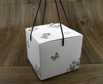 

Free Shipping 20pcs/lot Portable Cake Biscuit Box With Rope Butterfly Design