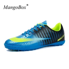 2018 New Mens Indoor Soccer Trainers Boys Children TF Football Sneakers Blue Silver Turf Soccer Boots Leather Men Cleats