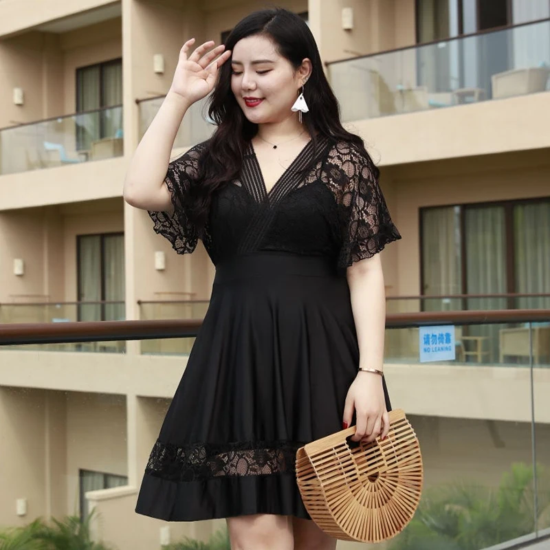 2018 Lace 7XL fat plus size swimsuit one piece swimwear women black sexy bathing suit for women Brazilian girls beachwear dress sexy lace one piece underwear black