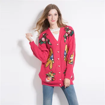 

Women Cardigan Luxury Dragon Flower Embroidery Knitted Sweaters Loose Winter Long Thick Vintage Sweaters Fashion Runway Sweaters