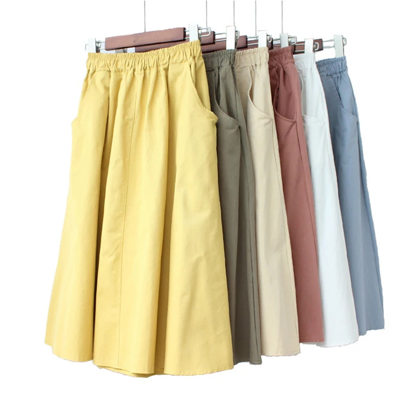 

midi skirt cotton High Waist Pleated Skirts Women Blue Solid Female Fashion Elegant Korean pockets a line plus size 2019 summer