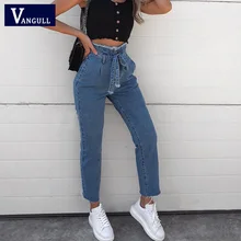 Vangull/женские джинсовые брюки с высокой талией, джинсы с поясом, штаны на шнуровке, новинка года, весенние модные брюки, Осенние повседневные женские джинсы с кисточками