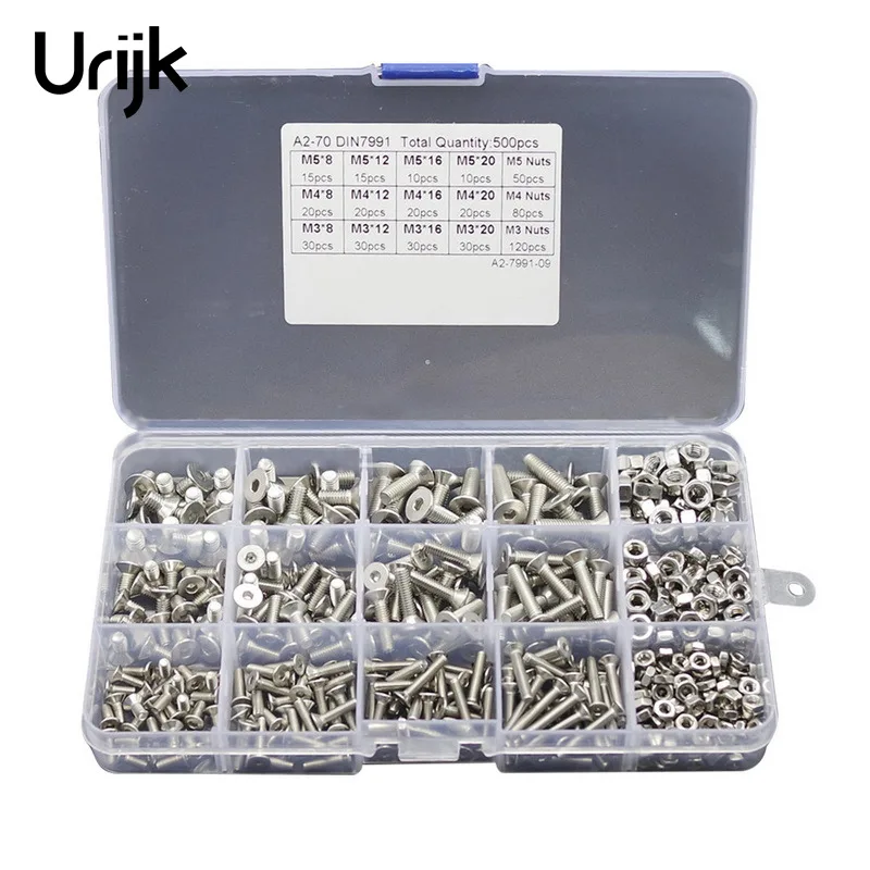 

Urijk 500pcs/Lot M3 M4 M5 Button Head Hex Socket Screw Bolt Nut Stainless Steel 304 Screws Nuts Assortment Kit Fastener Hardware