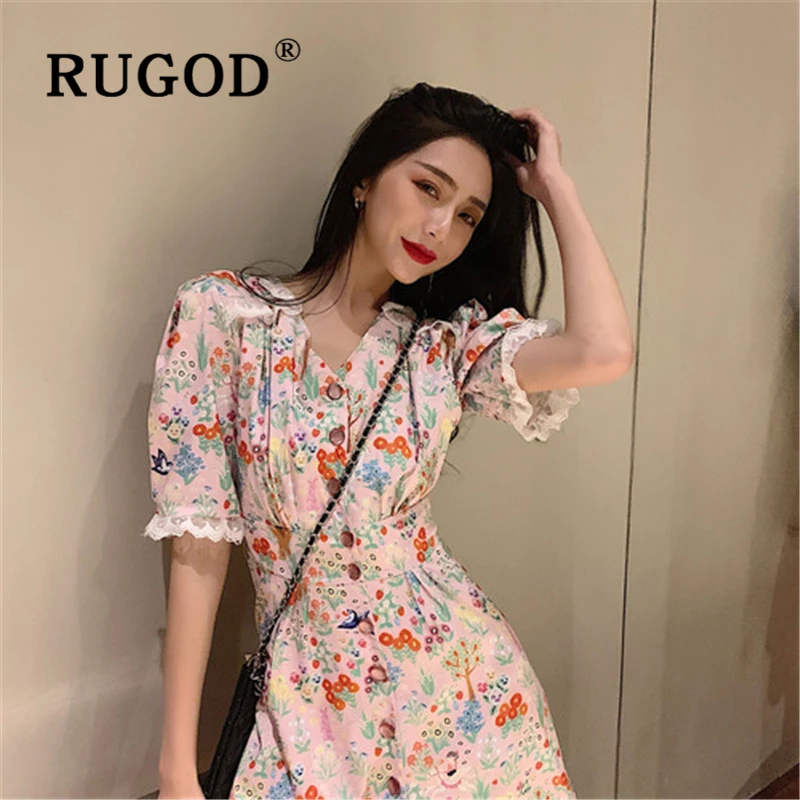 

RUGOD Elegant lantren sleeve office ladies dress Fashion turn-down collar printed summer party dress Lace patchwork A line dress
