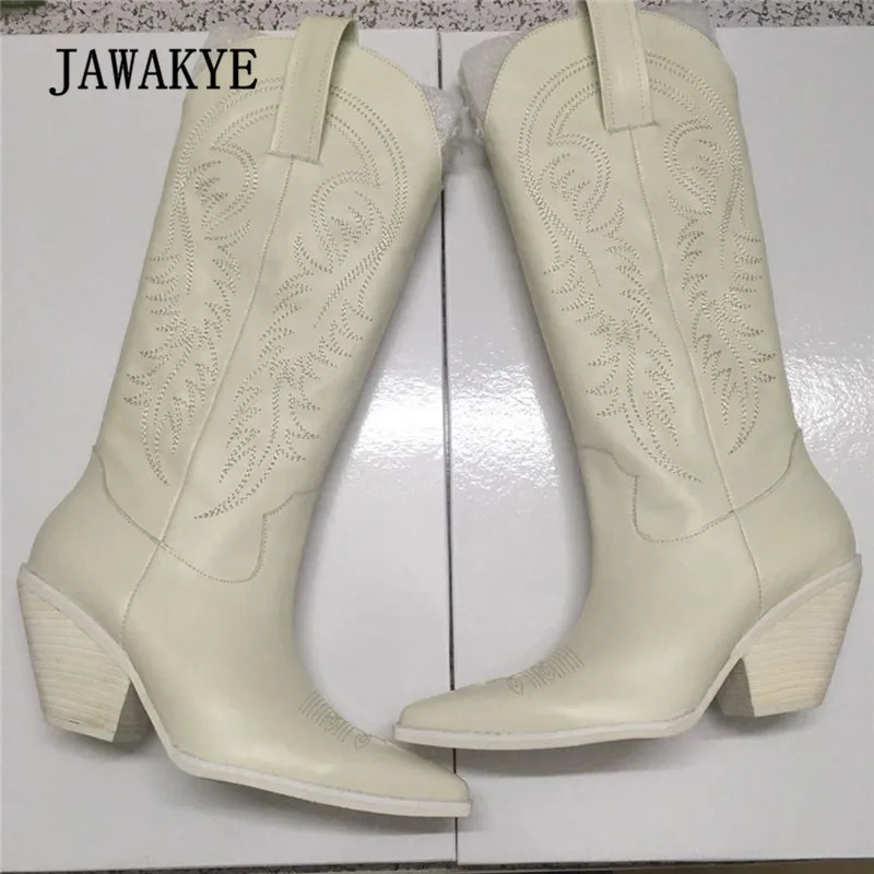 

2018 Western boots For Women Pointed Toe Real Leather Embroidered Flower Wedges Boots Lady Retro Runway Knee High Boots