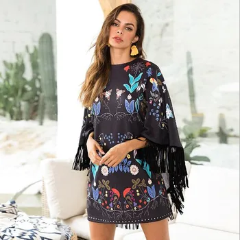 

Autumn Batwing Sleeve Cloak Women Dress Black Floral Print Tassel Fashion Bodycon Bandage Party Office Pencil Dress
