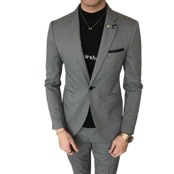 

2018 new Slim Korean youth British wind night field houndstooth wedding casual suit men's jacket (shirt + pants)