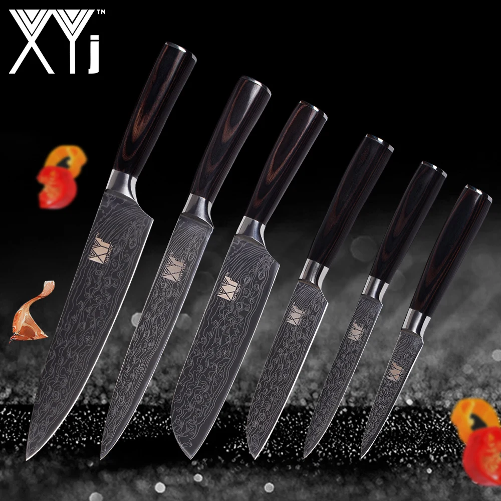XYj Дамаск вен Кухня Ножи для чистки утилита 2 * Santoku нарезки шеф повар цвет