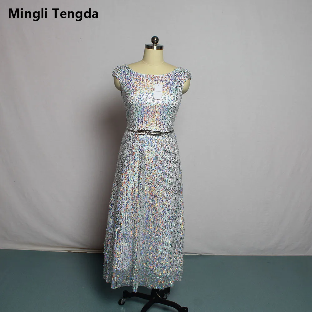 Mingli Tengda Мать невесты платья с поясом Цветной блестками Элегантные женское платье пышное жениха Одежда для мамы Чай-Длина