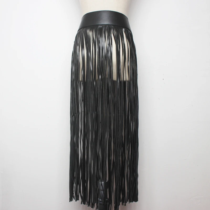 Sexy long fringe leather belts Black Designer ceinture femme Punk Silver Pin Buckle Plus size Tassel Belt Corset Straps women