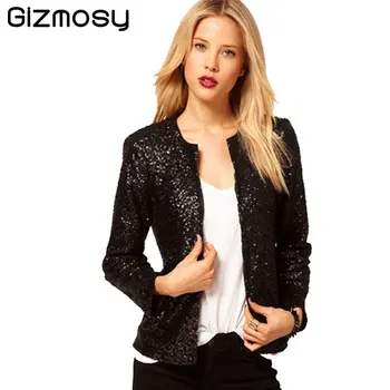 

2019 Spring Women Casual Sequins Coat Long Sleeve Vintage Jacket With Covered Button O-Neck Solid Jacket Slim Suits SY540