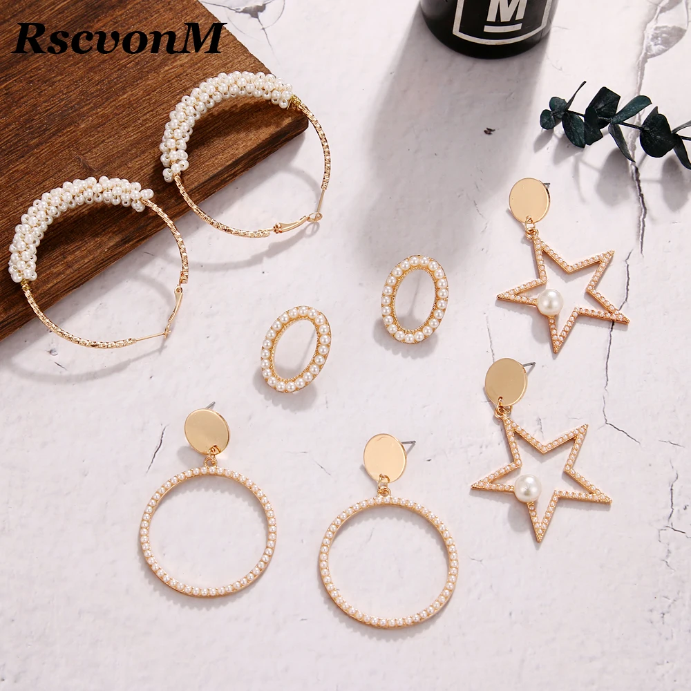 

RscvonM Fashion Trendy Stunning Pearl Rhinestone Gems Hoop Earrings For Women Jewelry Fashion Statement Earrings Accessories