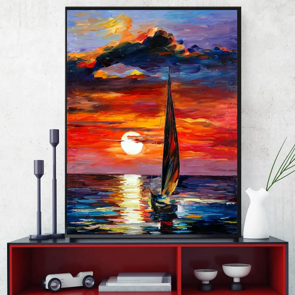 Sunset Oil Painting Print Canvas Multicolor Artwork Sailboat Seascape Poster Home Wall Art with