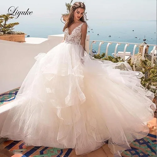 picture ivory color Liyuke принцесса Тип V декольте бальное платье свадебное платье с пышная органза и тюль юбка vestido de casamento - Цвет: picture ivory color