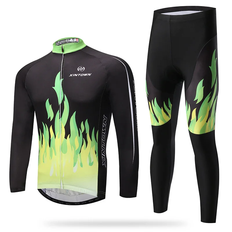 XINTOWN Green Thermal Fleece Winter Cycling Jersey Sets Long Sleeve