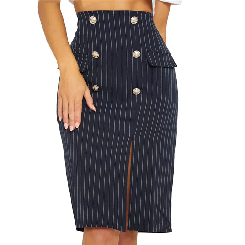 HOT sell Fashion 2018 Summer Skirt Womens Zipper Stripe Female Button Side Split Party Slit High Waist Skirt Femme Saia A06#N (2)
