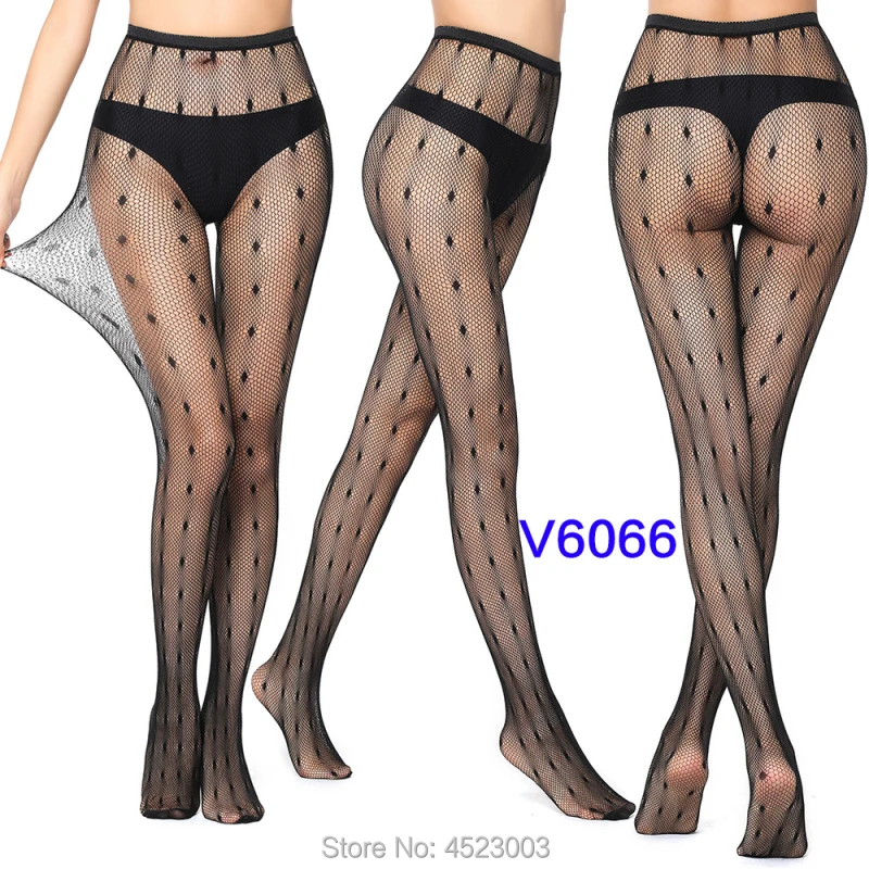 Women Tights Stockings Female Thigh High Fishnet Embroidery Transparent Pantyhose Lady Black Mesh Hosiery - Цвет: V6066