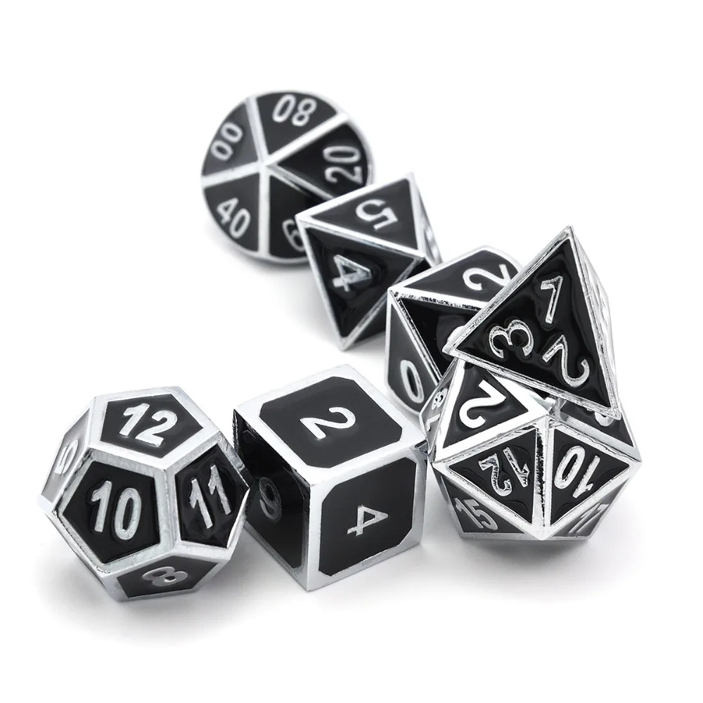 Goedkoop Set van Massief Metal Dice Shiny Sliver met Zwart Emaille DnD Dobbelstenen Set Polyhedrale Dobbelstenen Set  RPG Dobbelstenen Set voor RPG Games