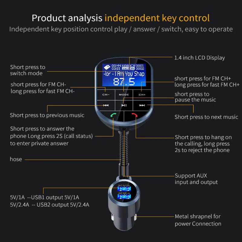 BC37 Bluetooth автомобиля радиочастотный передатчик модулятор Dual USB быстрая зарядка AUX беспроводной аудио TF U диск MP3 плеер Hands Free Car Kit