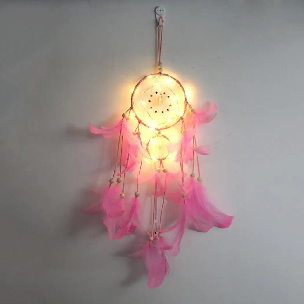 DIY Мода Ловец снов ночник ручной работы украшения в спальню геометрический перо Кнопка батарея(в комплекте) подарки - Цвет: pink