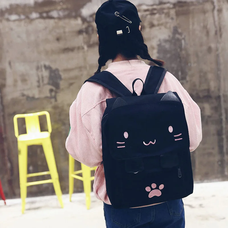 Women Cute Cat Backpack Canvas Girl School Backpacks Kawaii Cartoon Large Capacity Student Rucksack Lovely Casual Mochila BP0200 (16)