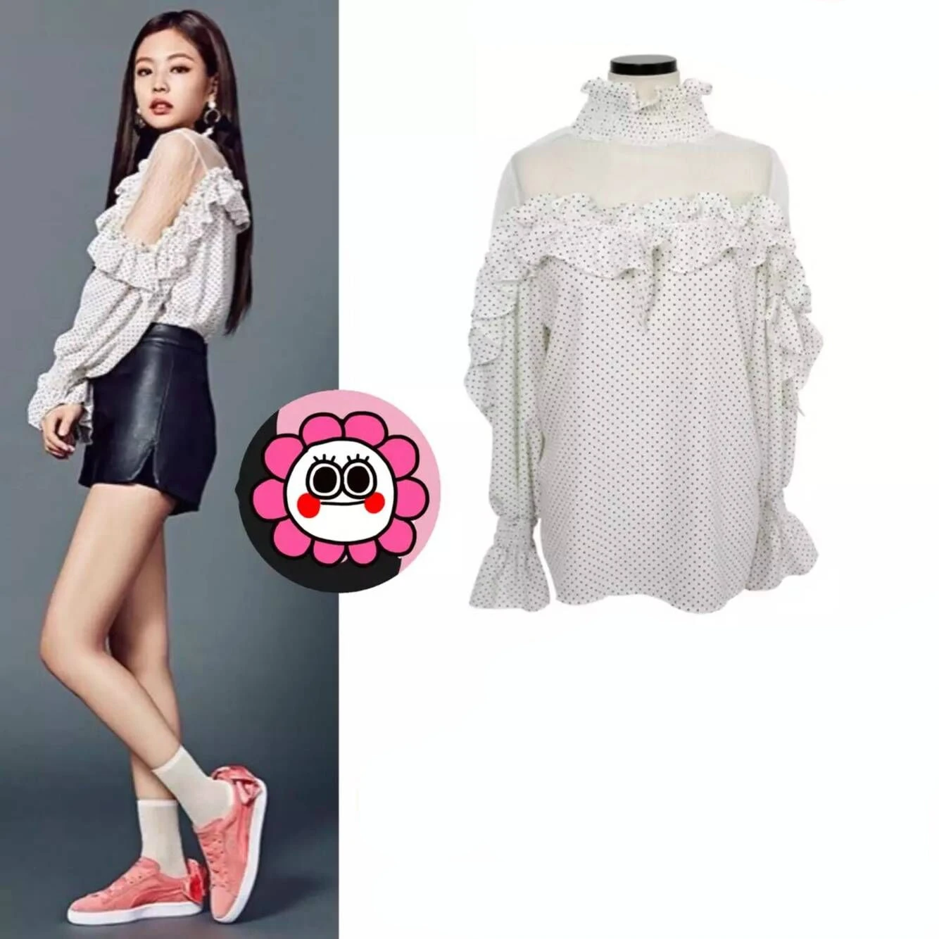 

kpop Blackpink JENNIE same white lace Wild wave point blouse women korean Fresh sweet lotus leaf slim Chiffon shirt girl tops