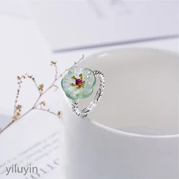 

KJJEAXCMY boutique jewelry S925 pure silver inlaid natural green fluorite, plum blossom, fresh and wild lady, opening ring ring.