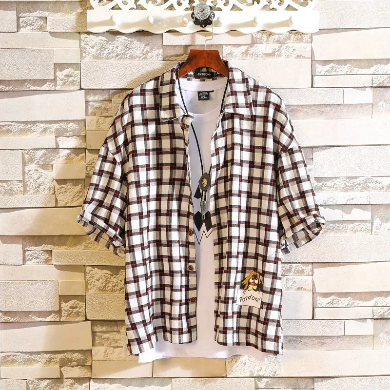 

#0135 Summer Plaid Shirt Men Yellow Cotton Short Sleeve Casual Shirt For Men High Quality Loose Streetwear Shirt Unisex