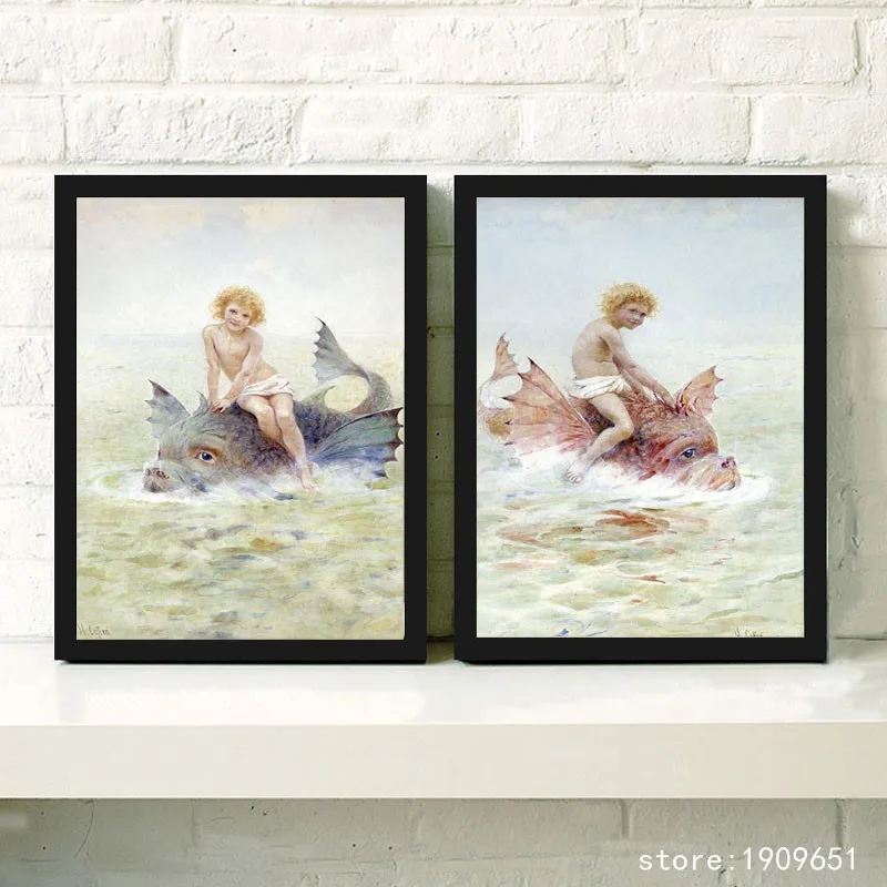 No frame classical religious figures angel boy fish canvas printings oil painting printed on cotton wall art decoration picture | Дом и сад