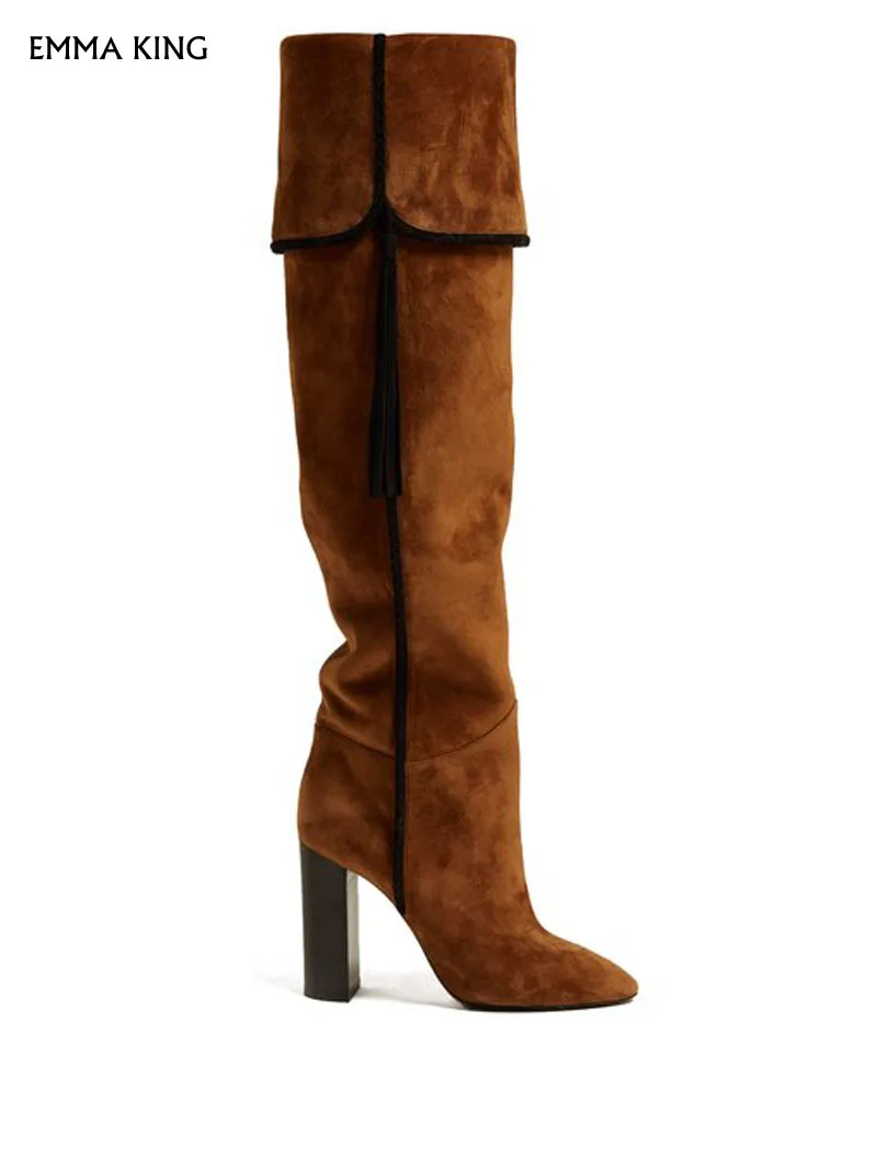 

Brown Suede Knee-high Boots black braided trim fold over cuff and tassel adornment 10cm heel Sexy Botas Mujer Plus Size Booties