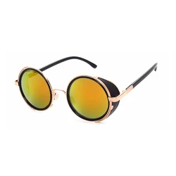 Vintage Steampunk Round Metal Sunglasses - Mirror Lens UV400 Protection (Gold Red)