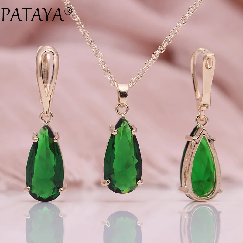 PATAYA New Blue Water Drop Earrings Pendants Necklaces Sets 585 Rose Gold Natural Zircon For Women Fashion Wedding Jewelry Set - Окраска металла: Emerald