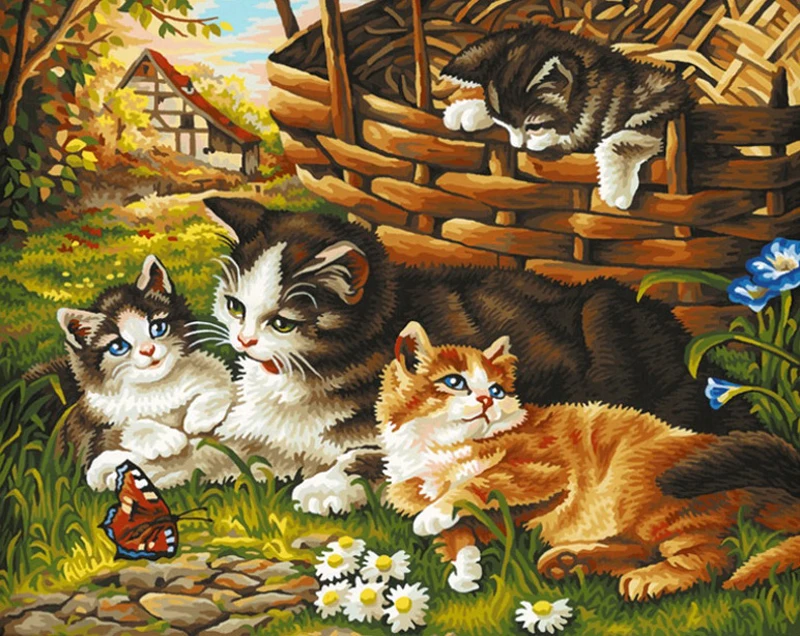 Frameless Animal Cat family DIY Painting By Numbers Kits