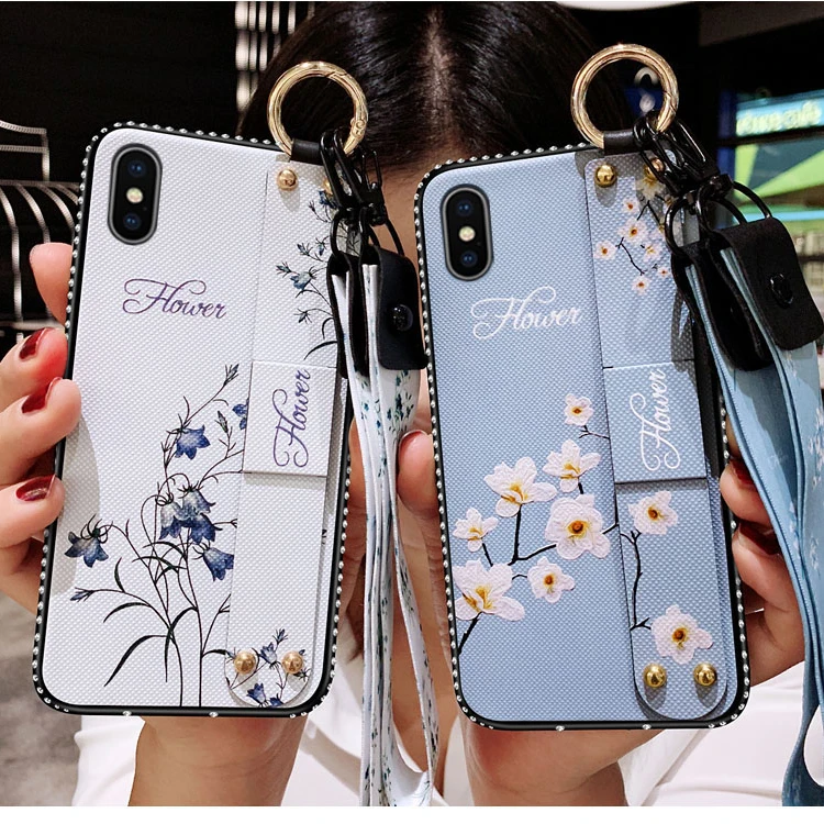 

For Apple iphone X XS Max XR Case Fashion Flowers With wristband diamond Protective Back Cover Case for iphone 6 6S 7 8 plus